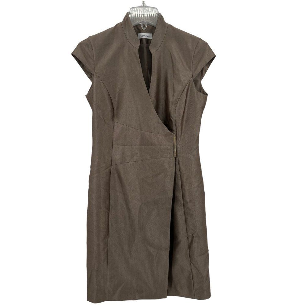 Calvin Klein Gold Brown Cap Sleeve Wrap Dress Size 4 Gold Bar Chic Edgy - Picture 4 of 16